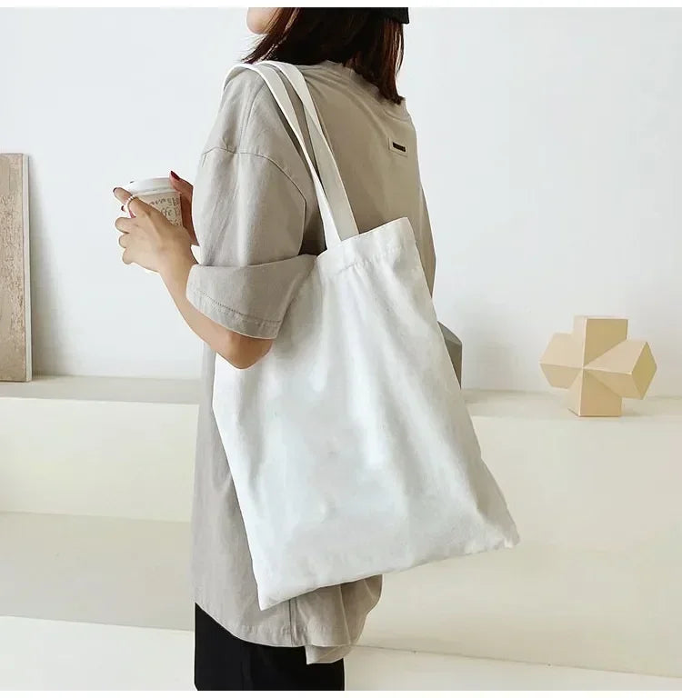 DIY Shoulder Bag Large Capacity Black White Canvas Shoulder Tote Bag Folding Eco Cotton Handbag Reusable Shopping Bag
