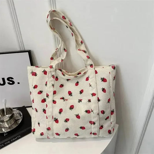 Corduroy Handbag Strawberry Print Beach Bag Fashion Large Capacity Tote Bag for Women Versatile Commuter Shoulder Bag Bolsos